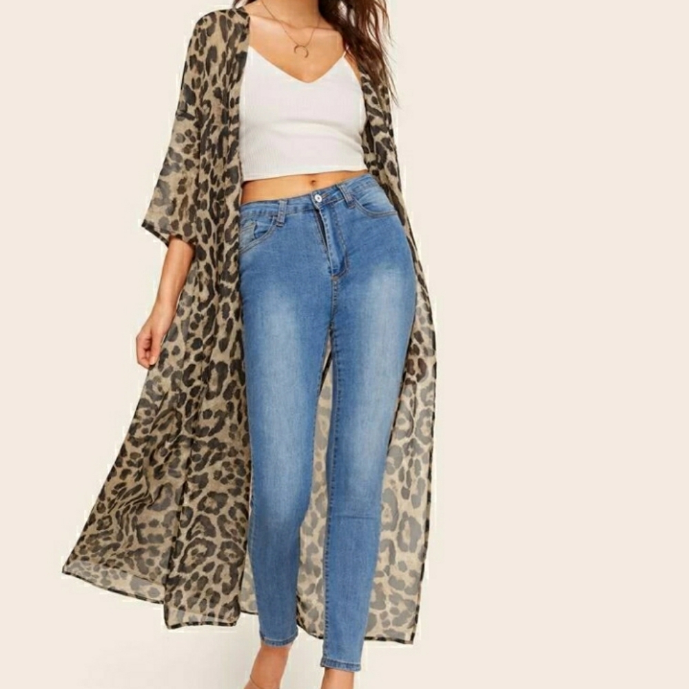 SHEIN sheer leopard open drape long cardigan XS